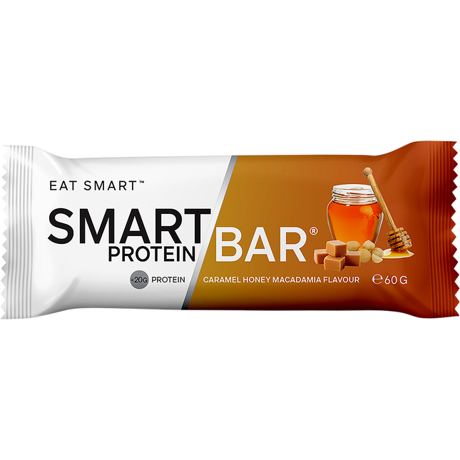 Smart Protein Bar packaging with caramel honey macadamia flavor on a white background