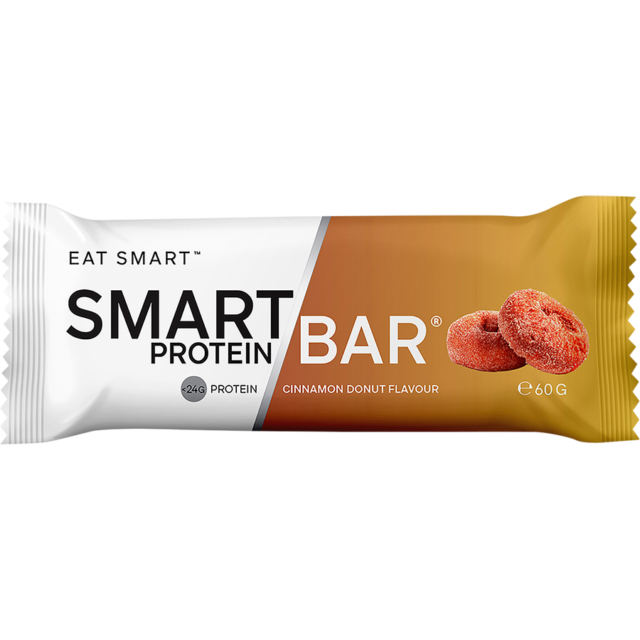Smart Protein Bar packaging with cinnamon donut flavor on a white background