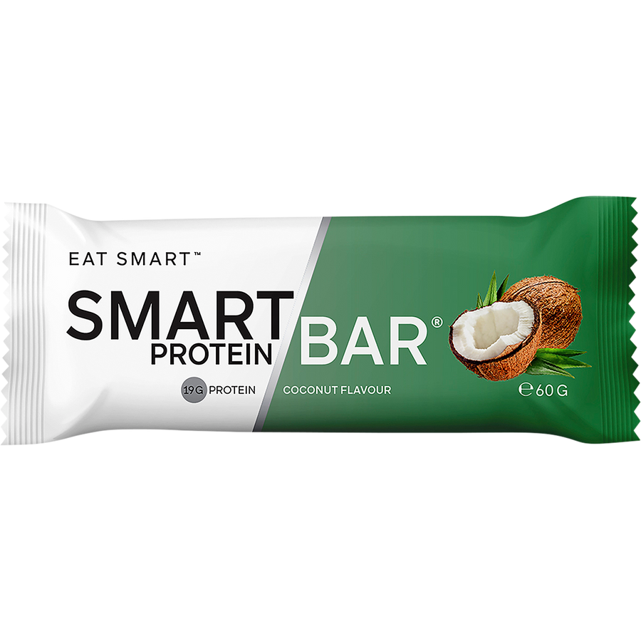 Smart Protein Bar packaging with coconut illustration on a white background