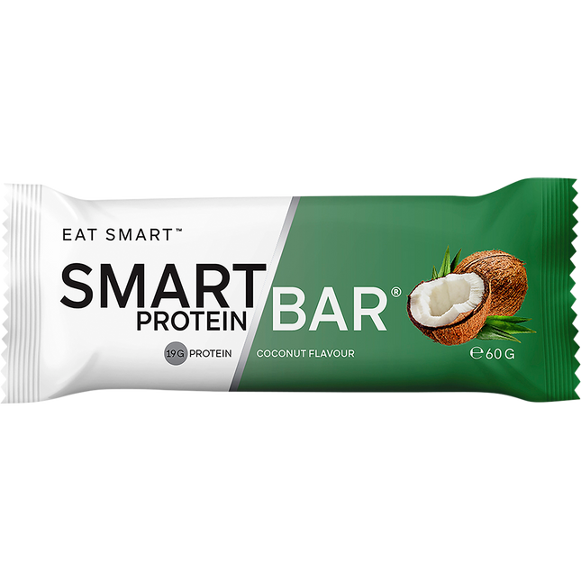 Smart Protein Bar packaging with coconut illustration on a white background