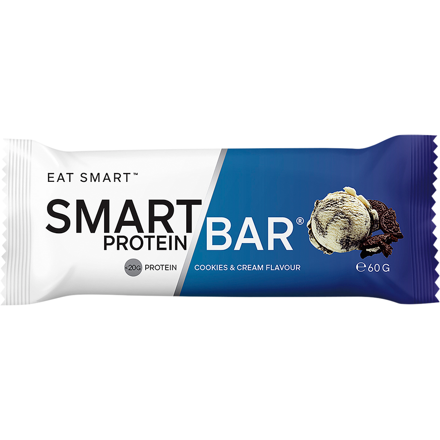 Smart Protein Bar packaging with 'Cookies & Cream' flavor on a white background