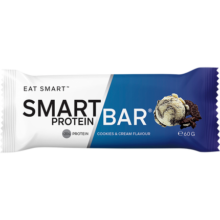 Smart Protein Bar packaging with 'Cookies & Cream' flavor on a white background