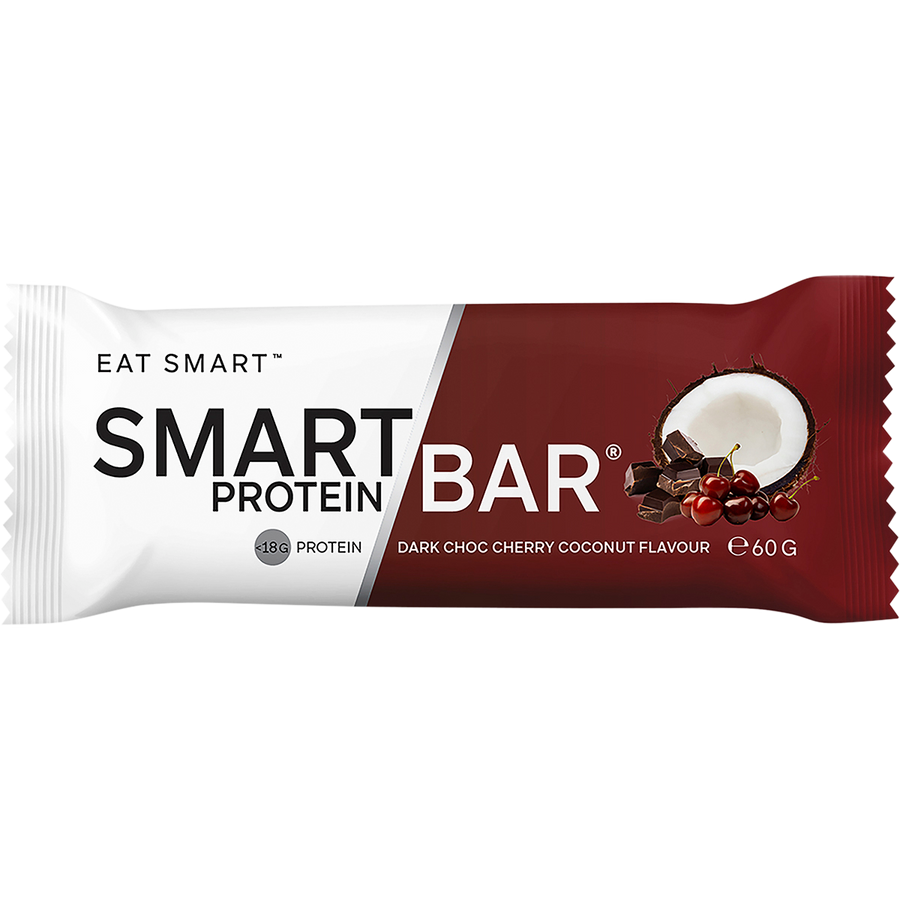 Smart Protein Bar packaging with dark chocolate, cherry, and coconut flavor indication on a white background