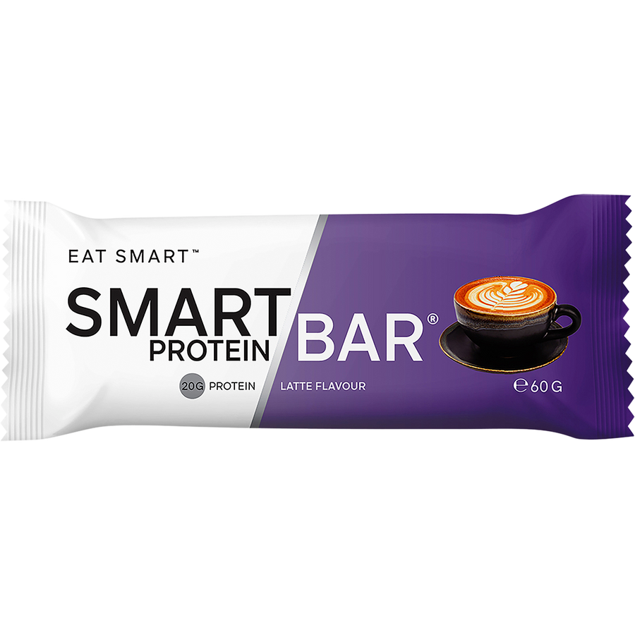 Smart Protein Bar packaging with a latte flavor illustration on a white background