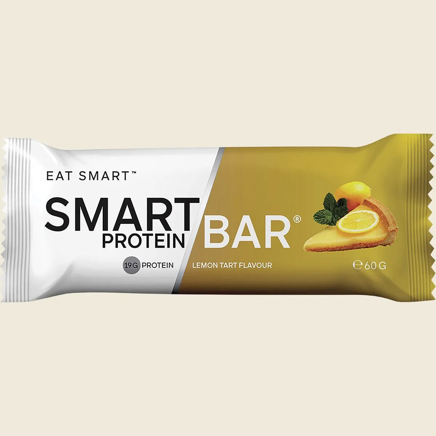 Smart Protein Bar packaging with lemon tart flavor on a beige background
