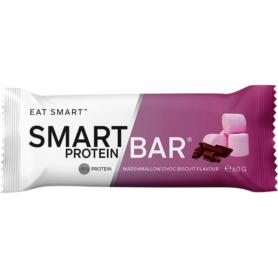 Smart Protein Bar packaging with marshmallow and chocolate elements on a white background