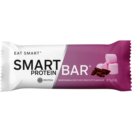 Smart Protein Bar packaging with marshmallow and chocolate elements on a white background