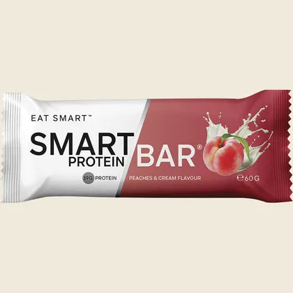 Protein bar packaging with 'Eat Smart' branding on a beige background