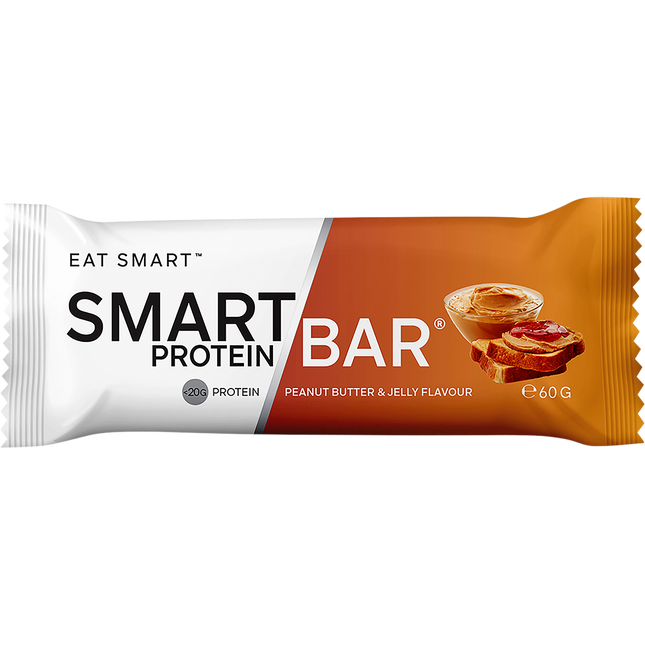 Smart Protein Bar packaging with peanut butter and jelly flavor on a white background