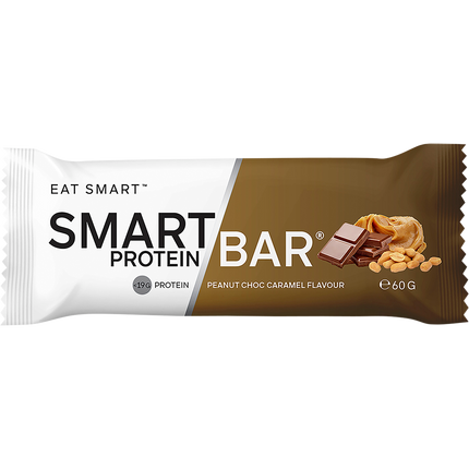 Smart Protein Bar packaging with chocolate and peanut elements on a white background