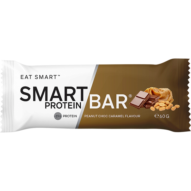 Smart Protein Bar packaging with chocolate and peanut elements on a white background