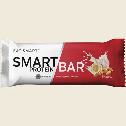 Smart Protein Bar packaging with red and white design on a beige background