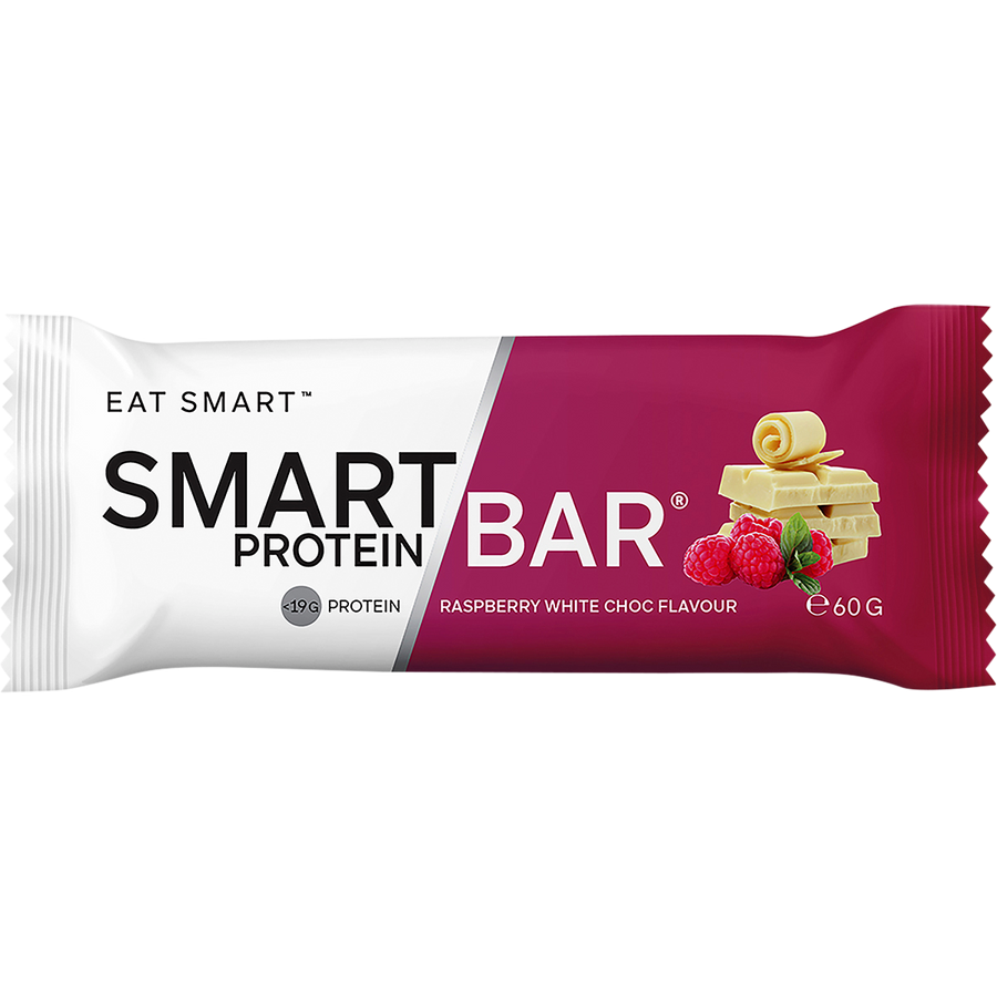 Smart Protein Bar packaging with raspberry and white chocolate flavor indication on a white background