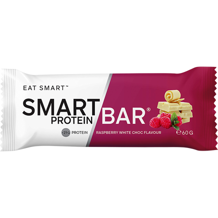 Smart Protein Bar packaging with raspberry and white chocolate flavor indication on a white background