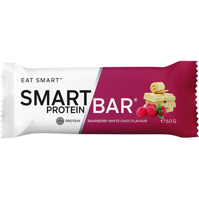 Smart Protein Bar packaging with raspberry and white chocolate flavor indication on a white background