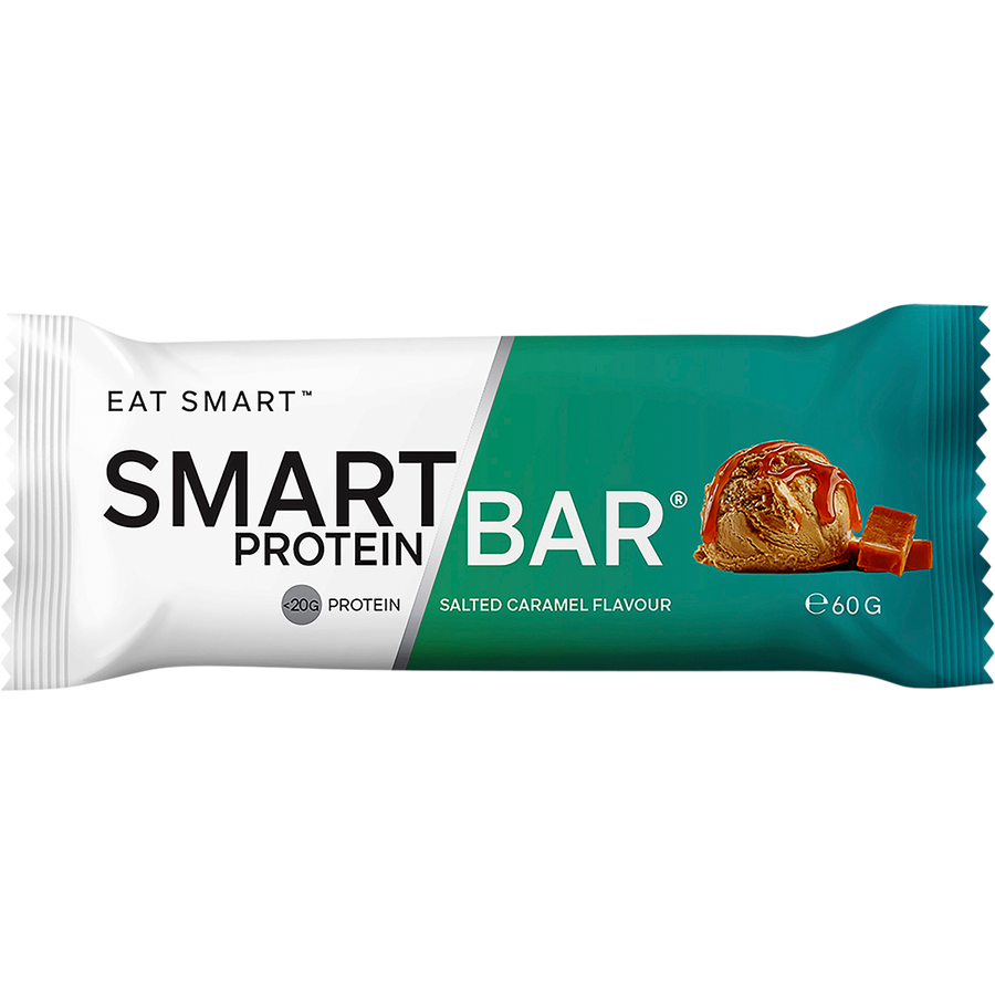 Smart Protein Bar packaging with salted caramel flavor on a white background
