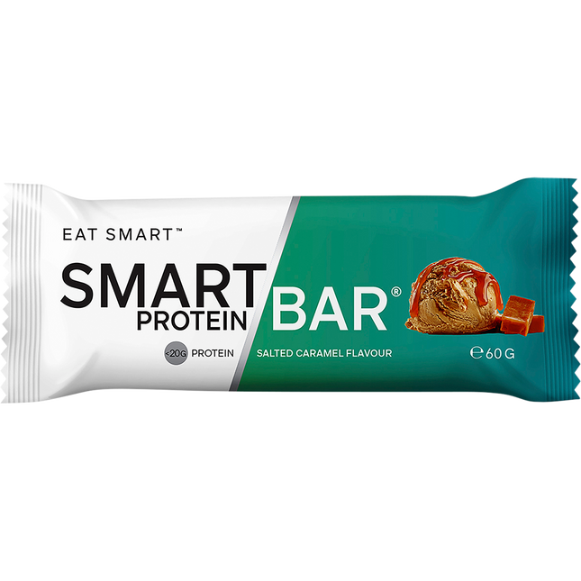Smart Protein Bar packaging with salted caramel flavor on a white background