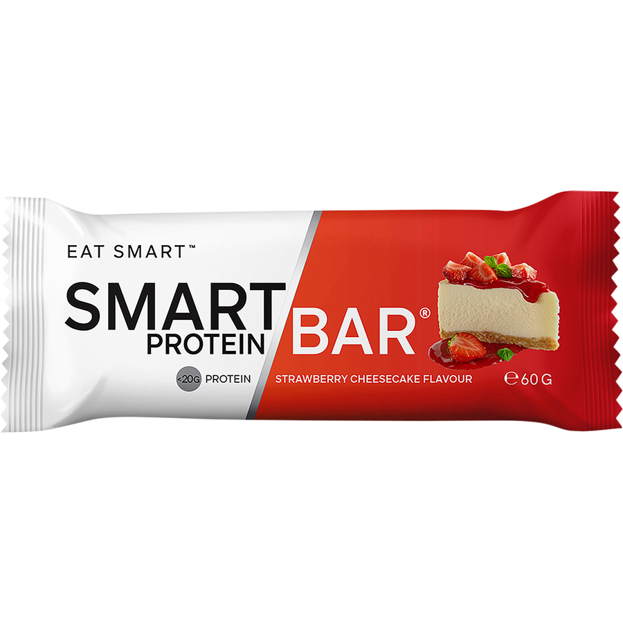 Smart Protein Bar packaging with strawberry cheesecake flavor on a white background
