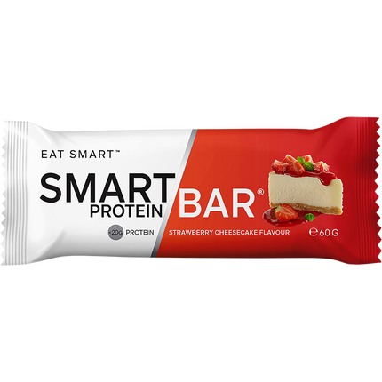Smart Protein Bar packaging with strawberry cheesecake flavor on a white background