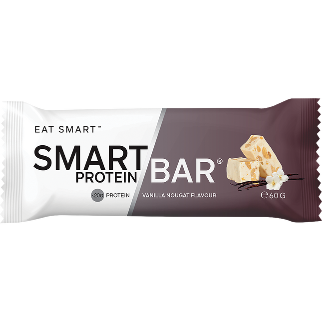 Smart Protein Bar packaging with vanilla nougat flavor on a white background