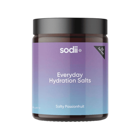 Jar of 'Everyday Hydration Salts' by sodii on a gradient background