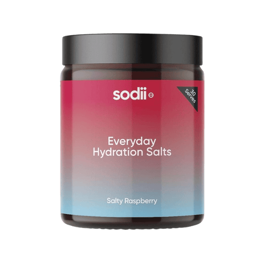 Jar of 'Everyday Hydration Salts' by sodii on a green background