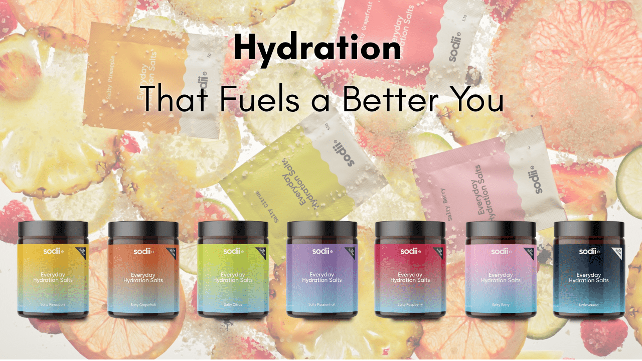 Sodii Everyday hydration powder – low-sodium electrolyte blend for daily balance and refreshment.