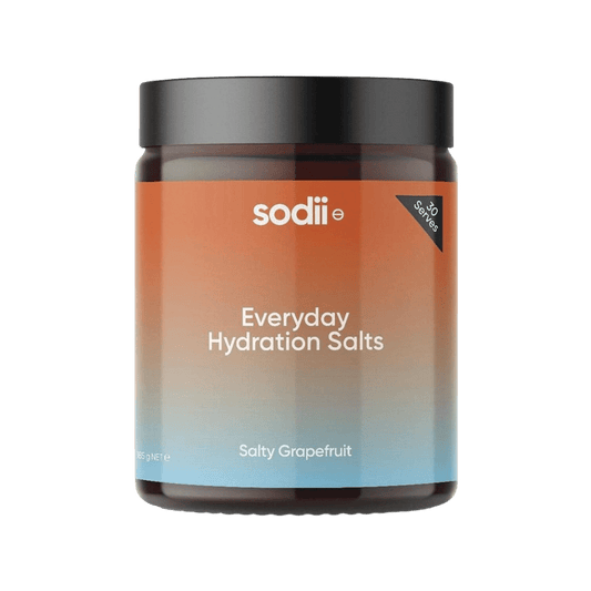 Jar of 'Everyday Hydration Salts' by sodii with gradient label on a green background