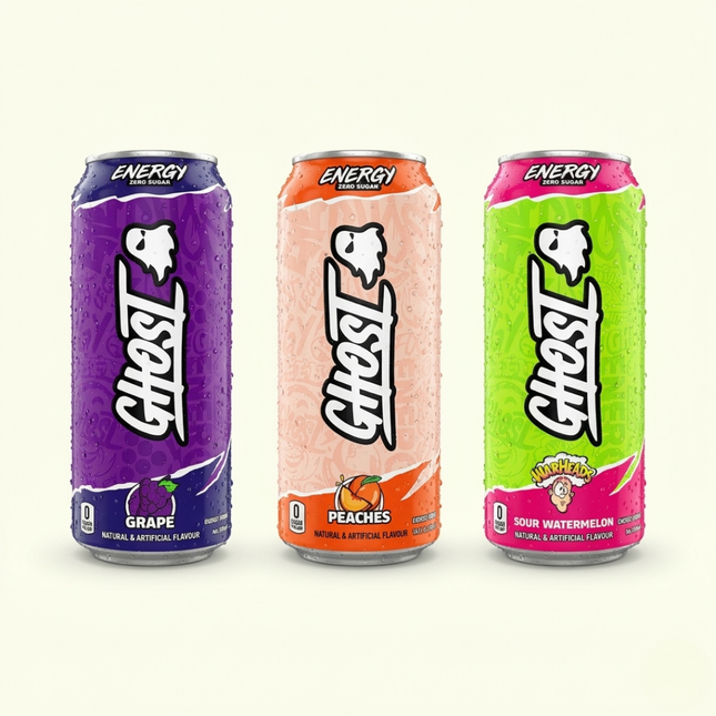 Three cans of Ghost Energy Drink in different flavors on a white background