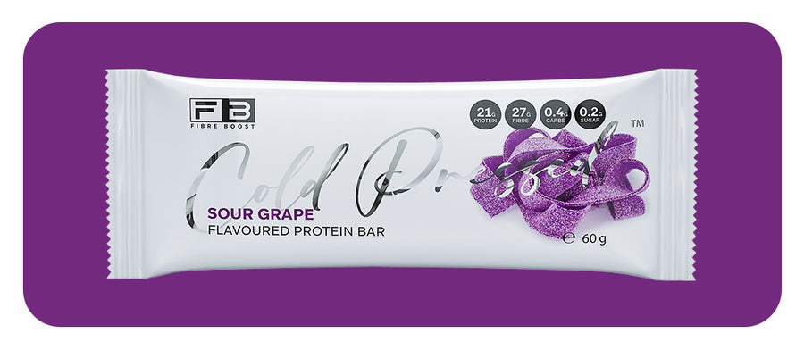 Protein bar packaging with 'Fibre Boost' branding on a purple background