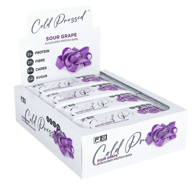 Box of Cold Pressed protein bars with purple flowers on a white background