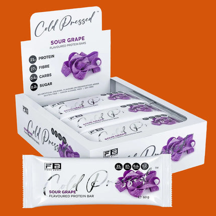 Box of Fibre Boost Sour Grape protein bars on a white background