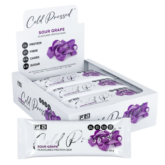Box of Fibre Boost Sour Grape protein bars on a white background