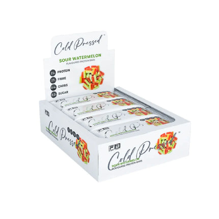 Box of 12 Fibre Boost Sour Watermelon flavoured cold pressed protein bars, high fibre and 20g+ protein