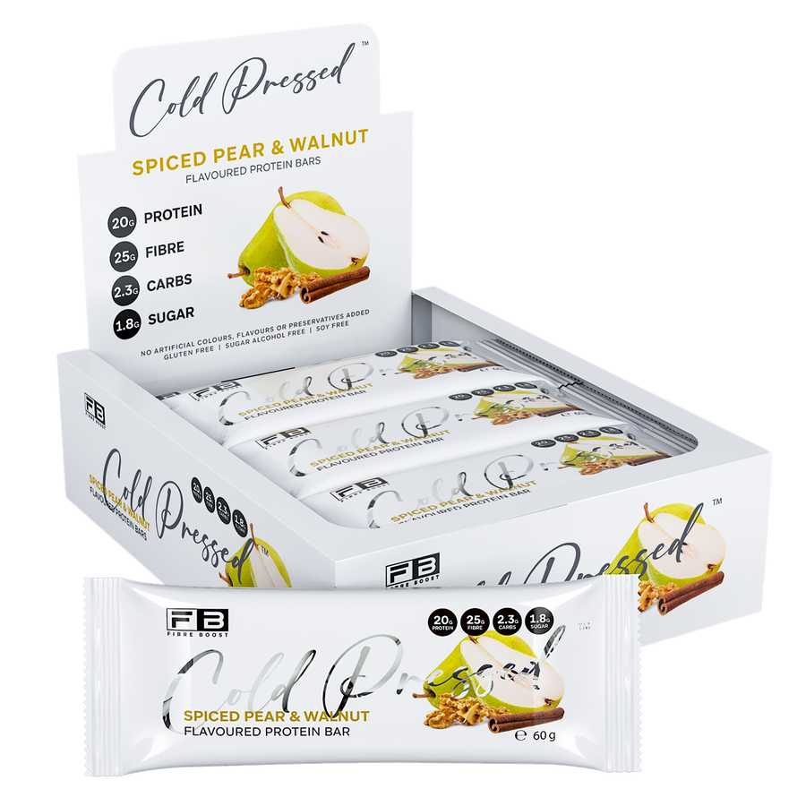 Box of Fibre Boost Cold Pressed spiced pear and walnut protein bars on a white background