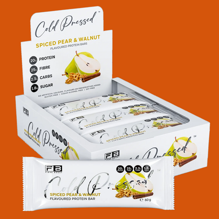 Box of Fibre Boost Cold Pressed spiced pear and walnut protein bars on a white background