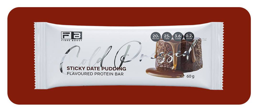 Fibre Boost Sticky Date Pudding Protein Bar packaging with 'Fibre Boost' branding on a red background