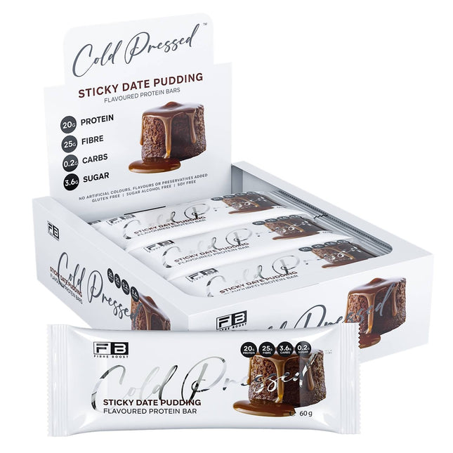 Box of Cold Pressed Sticky Date Pudding bars on a white background
