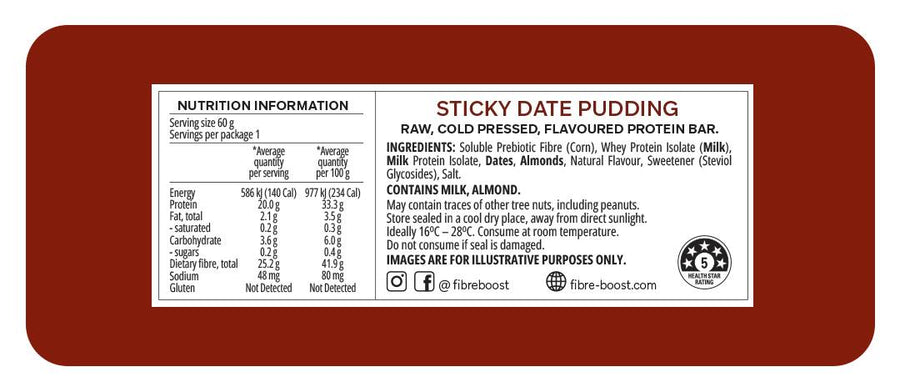 Fibre Boost Sticky Date Pudding Protein Bar Nutrition label and ingredient list on a red background