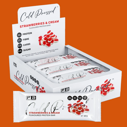 Box of Cold Pressed protein bars with strawberries and cream flavor on a white background