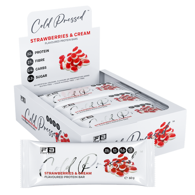 Box of Cold Pressed protein bars with strawberries and cream flavor on a white background
