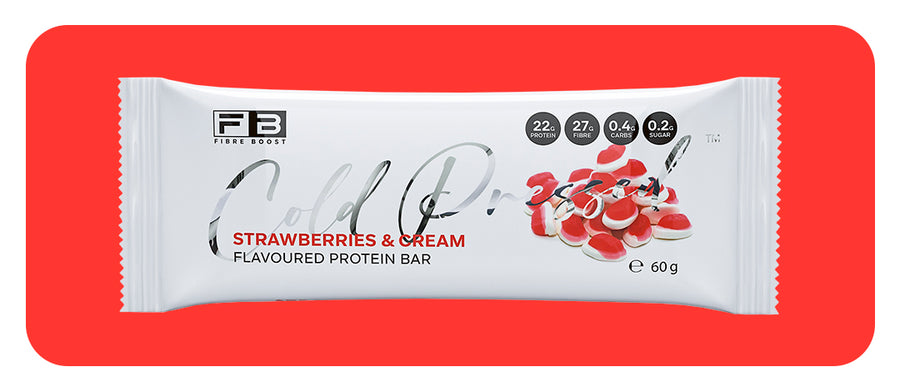 Protein bar packaging with branding on a red background