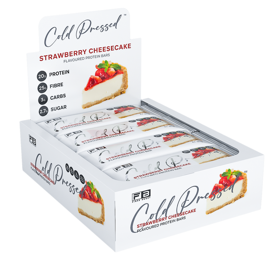 Box of Strawberry Cheesecake protein bars with a white background