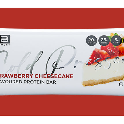 Strawberry Cheesecake flavored protein bar packaging on a red background