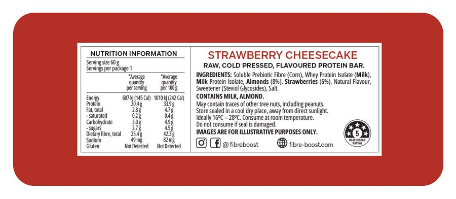 Nutrition label and ingredients list of a strawberry cheesecake protein bar on a red background