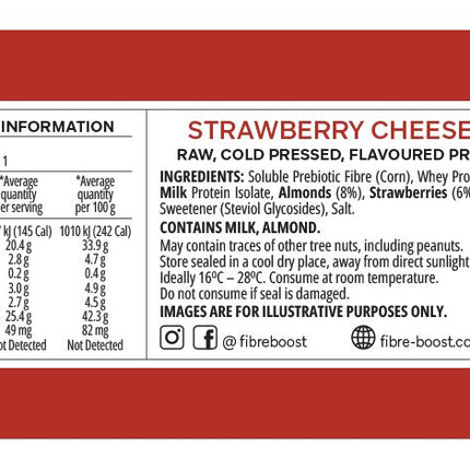 Nutrition label and ingredients list of a strawberry cheesecake protein bar on a red background