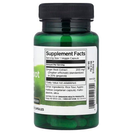 Swanson Ginger Root Extract, Standardized, 60 Veggie Capsules (200 mg per Capsule)