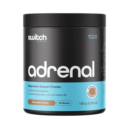 Container of switch Nutrition Adrenal Magnesium Support Powder on a green background