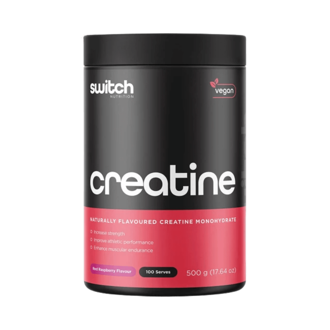 Black and red container of switch nutrition creatine on a white background