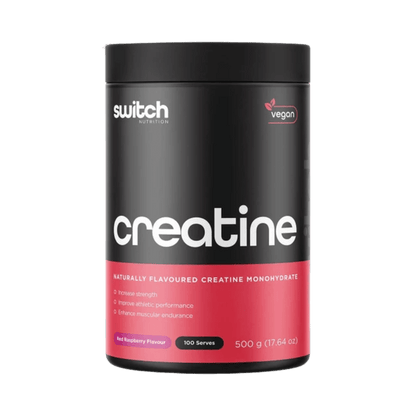 Black and red container of switch nutrition creatine on a white background